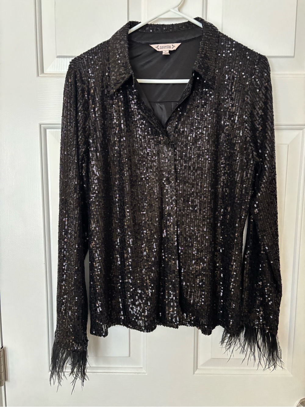 Nanette Lepore Black Sequin Button-Up Top with Ostrich Feather Cuffs Size Medium